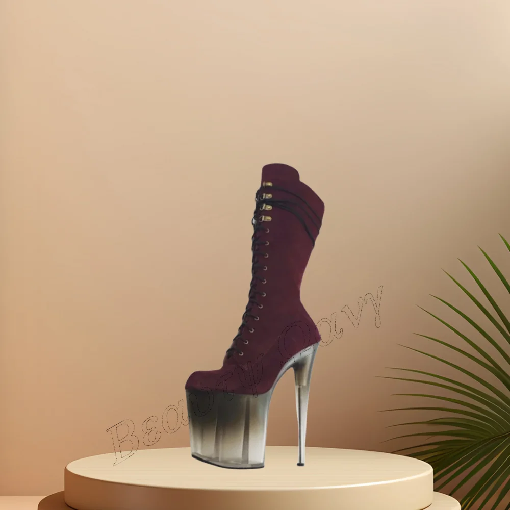 Бордо Велурени обувки дантела отпред, дамски обувки на платформа и висок ток, с шипове, с кръгло бомбе, на висок ток, Ново 2023 г., Zapatos Para Mujere