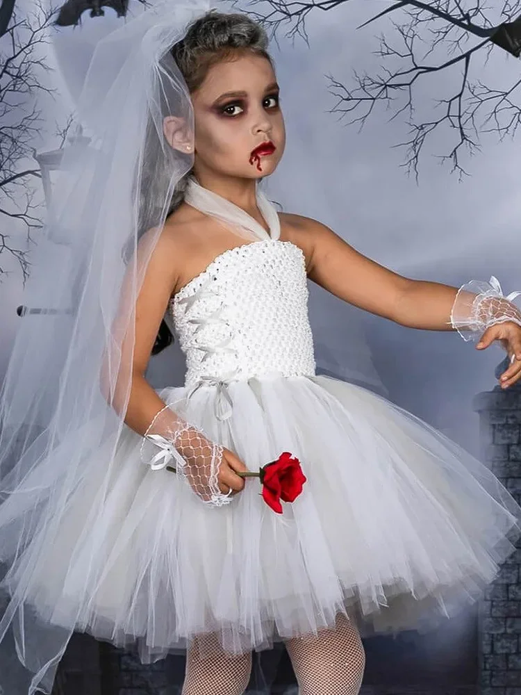 Детски дрехи зомбита, детско бяла сватбена рокля на булката-призрак, халат-пончо за момиче-вампир на Хелоуин