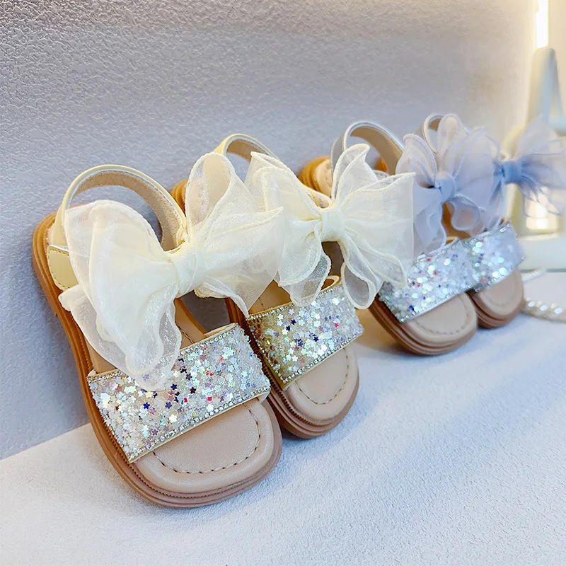Сандали Zapatos Niña за момичета; лятна мода обувки принцеса с пайети и лък; удобни плажни сандали с мека подметка; златни детски обувки с отворени пръсти
